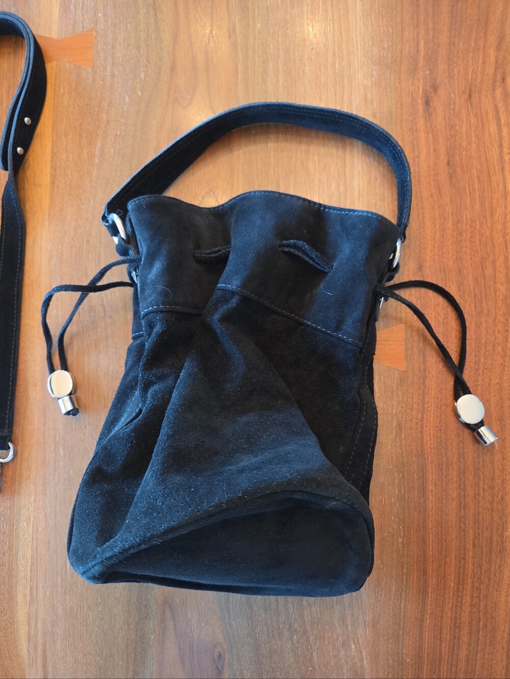 Black Suede Drawstring Crossbody Bag